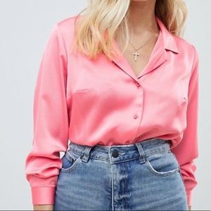 Silky Relaxed Satiny Button Up Blouse /Peachy Pink